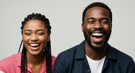 Funny best friends and couple laughing cheerfully while standing together in a studio