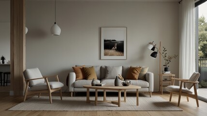 Minimalist living room with light beige and natural wood tones