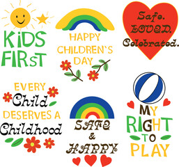 Cute Kids Day Sticker Set with Positive Phrases and Childish Doodles