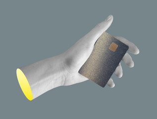Bank card held in hand. Showing elegant, premium design with electronic chip for secure payment,