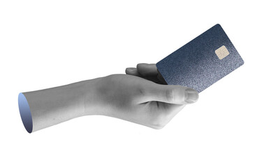 Bank card held in hand, showing credit card with chip. Modern cashless payment service, online