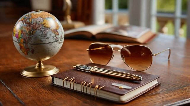 A World of Knowledge: Explore the world and expand your horizons. This photorealistic image features a globe, eyeglasses, a pen, and a notebook resting on a wooden table.