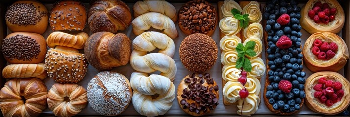 Window display of assorted pastries and bread at the bakery, a feast for the eyes