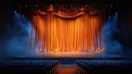 A 4K photo of theater stage orange velvet curtain backdrop with lights. Empty wood stage illuminated by spotlights. Performance hall with seats rows. Blue light and smoke.