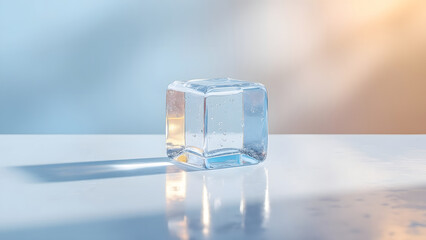 Clear ice cube with small air bubbles sits on reflective surface casting soft shadow in natural light, evoking fresh and cool feeling