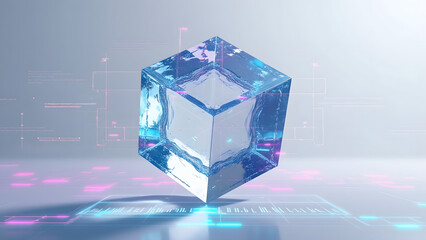 Transparent ice cube floating with futuristic digital interface and glowing neon lights in modern technology background