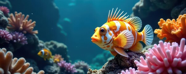 Vibrant pufferfish, coral reef, underwater scene, home decor, wildlife, red