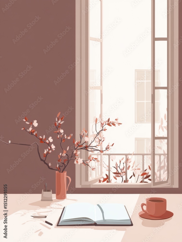 Fototapete cozy cafe with open window showcasing blooming plant and notebook on a minimal table at midday