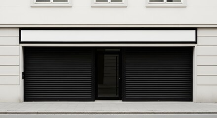 Minimalist storefront facade with closed shutters and simple signage