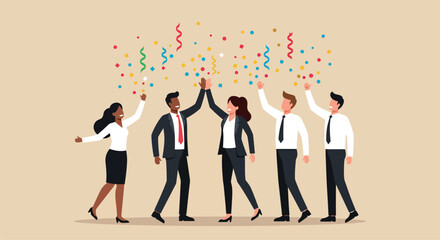 Diverse business team celebrating success with high fives and confetti