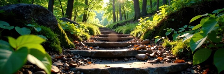 Sunlight dapples rock steps on Appalachian Trail, Stokes Forest, NJ, mountain, sunlight, climb