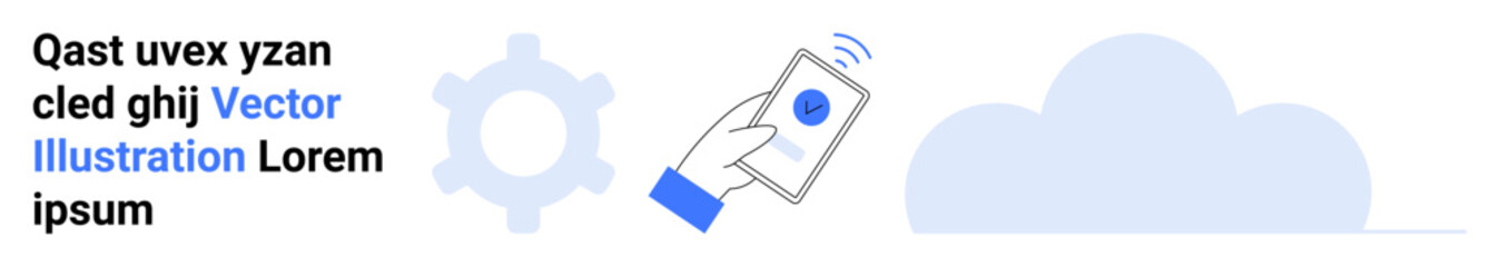 Hand holding smartphone with cloud and gear icons for connectivity. Ideal for technology, cloud computing, mobile apps, automation, innovation, communication, simple landing page