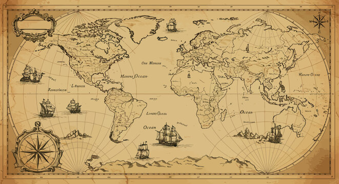 Vintage world map with nautical elements and antique ships