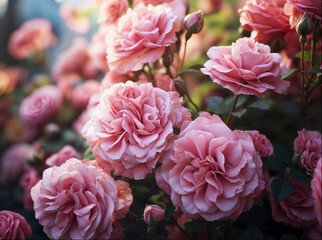 Fototapeta premium Close-up of blooming pink roses in a lush garden with green leaves and soft natural light