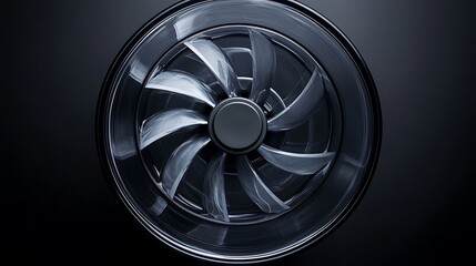 Obraz premium Computer Fan CloseUp Sleek Black Design, Cooling Technology Detail on Dark Background