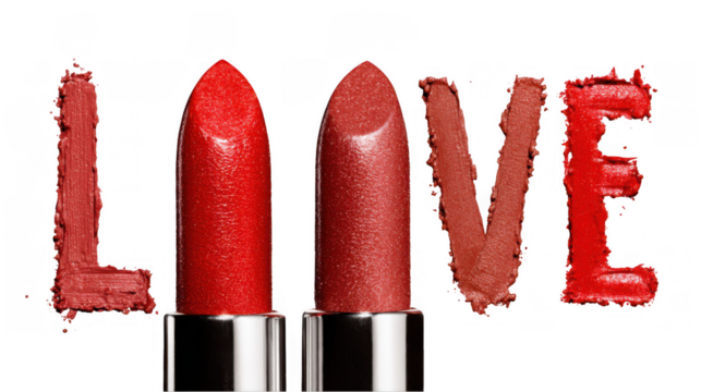 Two lipsticks are partially visible at the bottom of the frame, with the word love spelled out above them using lipstick smears, all on a transparent background