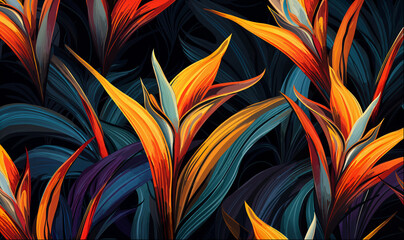 Tropical pattern featuring orange bird of paradise flowers and teal-blue leaves in a bold botanical design