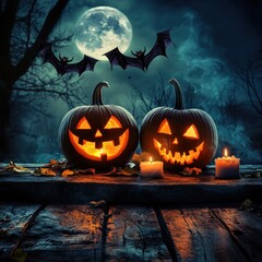Fototapeta premium Spooky Halloween Night: Jack-o'-lanterns under the Moon