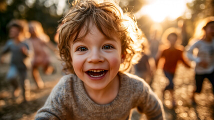 Joyful Young Child: A close-up of a smiling child playing outdoors with friends on a sunny day, radiating pure happiness.