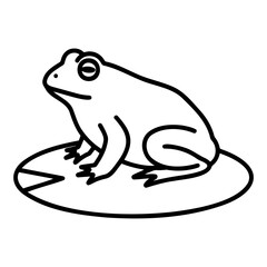 The image features a simple black outline illustration of a frog sitting on a lily pad, showcasing its body and legs. 