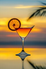 Tropical Martini Against Sunset Sky Reflective Surface Golden Hour Cocktail Aesthetic Atmosphere