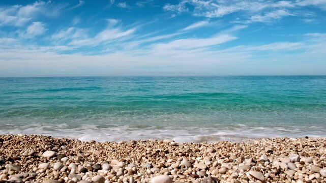 Calm ocean waves on tropical beach on bright sunny day