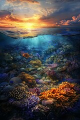 Vibrant Underwater Coral Reef Ecosystem and Marine Life at Sunset with Colorful Sky Above Horizon