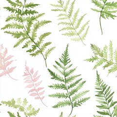 Watercolor Ferns Green and Pink Delicate Illustration Botanical Design Background Seamless Pattern