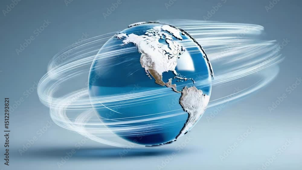 Poster a digitally rendered earth spins rapidly with motion blur, symbolizing speed and global connectivity
