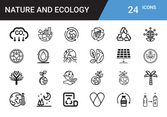 Nature and Ecology Icons: A comprehensive set of 24 outline icons representing various aspects of nature, environmental protection, and ecological balance, Ideal for design and communication