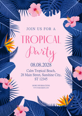 Tropical Summer Poster or Flyer template. Vector illustration of Tropical leaves and flowers in flat style