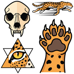 An illustration featuring a skull running cheetah eye in a triangle and paw