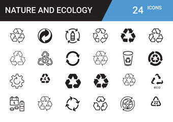 Recycling Icon Set: A comprehensive collection of 24 unique recycling icons, featuring various styles and designs, perfect for eco-conscious projects and applications.