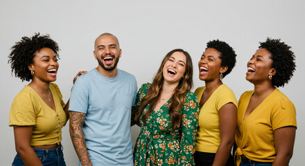 A group of three friends laugh out loud in a studio room, sharing kindness