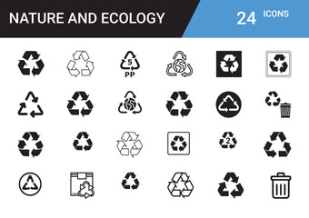 Nature and Ecology Icons Set: A comprehensive set of detailed recycling icons, symbols of sustainability for eco-conscious design. 