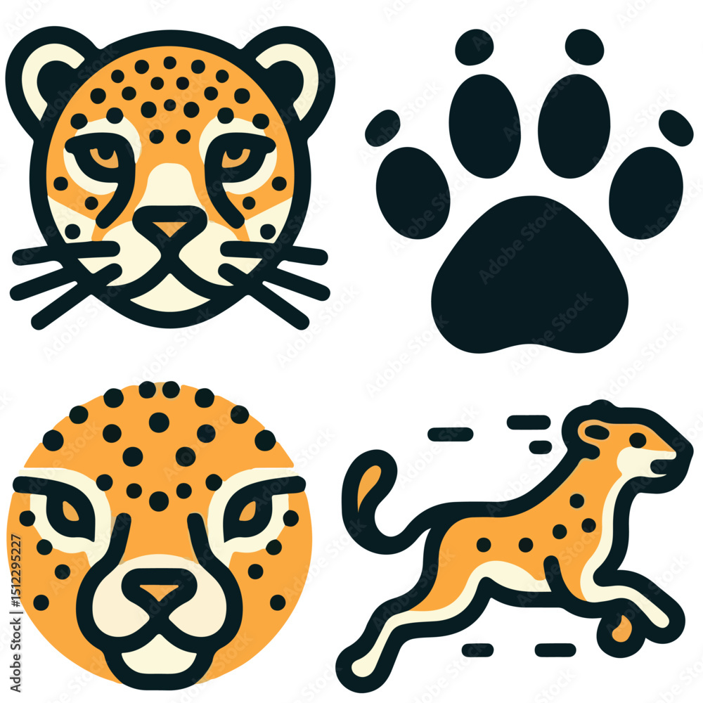 Poster vector icons feature a cheetah face running cheetah face in a circle and a paw print