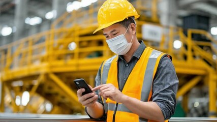 Asian Engineer in PPE Using Phone at Work: An Asian engineer in full PPE checks his smart phone at a construction site. - Powered by Adobe