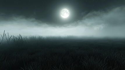 A tranquil moonlit field whispers secrets under a veil of midnight fog an eerie stillness holds the night air in