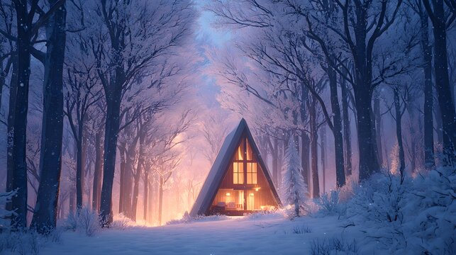 Cozy A Frame Cabin in a Magical Snow Covered Winter Forest at Dusk