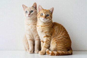 Fototapeta premium two cats are sitting white background, two ginger cats are sitting white background, two ginger tabby cats are sitting white background, two cats are sitting on a white background, light orange cat