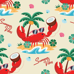 Seamless Summer Pattern with Cool Lobster, Coconut Drink, and Tropical Beach Elements – Vector Illustration
