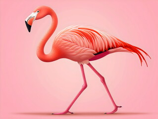 Fototapeta premium Elegant flamingo gracefully walking on a pastel pink background, showcasing vibrant feathers and a striking profile