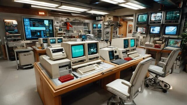Retro Tech Haven: A nostalgic glimpse into a vintage computer lab filled with classic monitors, advanced equipment, and technological relics.