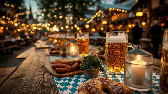 Oktoberfest Celebration: Bavarian Beer Garden Scene with Beer Mugs, Sausages, Pretzels, Candles, and Festive Lights on a Wooden Table.