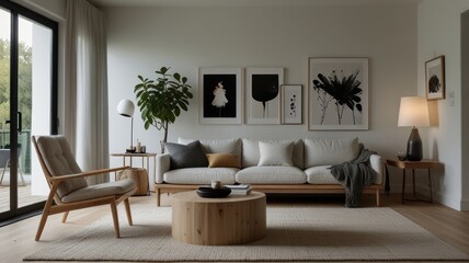 Modern minimalist living room with natural light and art