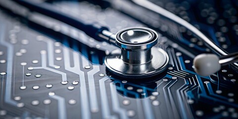 A stethoscope placed on an electronic circuit board