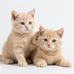Obraz premium two ginger kittens crouching white background, two orange tabby kitten is crouching white background, two kitten are sitting white background, light orange kitten, light orange kitten white BG
