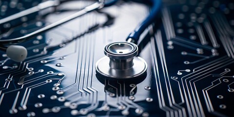 A stethoscope placed on an electronic circuit board