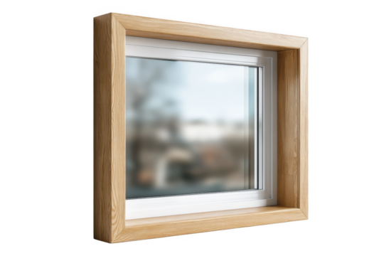 Wooden Frame Window: A detailed close-up of a modern window, featuring a natural wooden frame and a clear glass pane showcasing a blurred outdoor view, embodying simplicity.