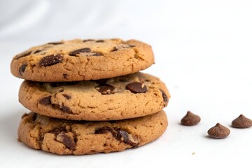Close-Up of Chocolate Chip Cookie Stack on Clean White Background